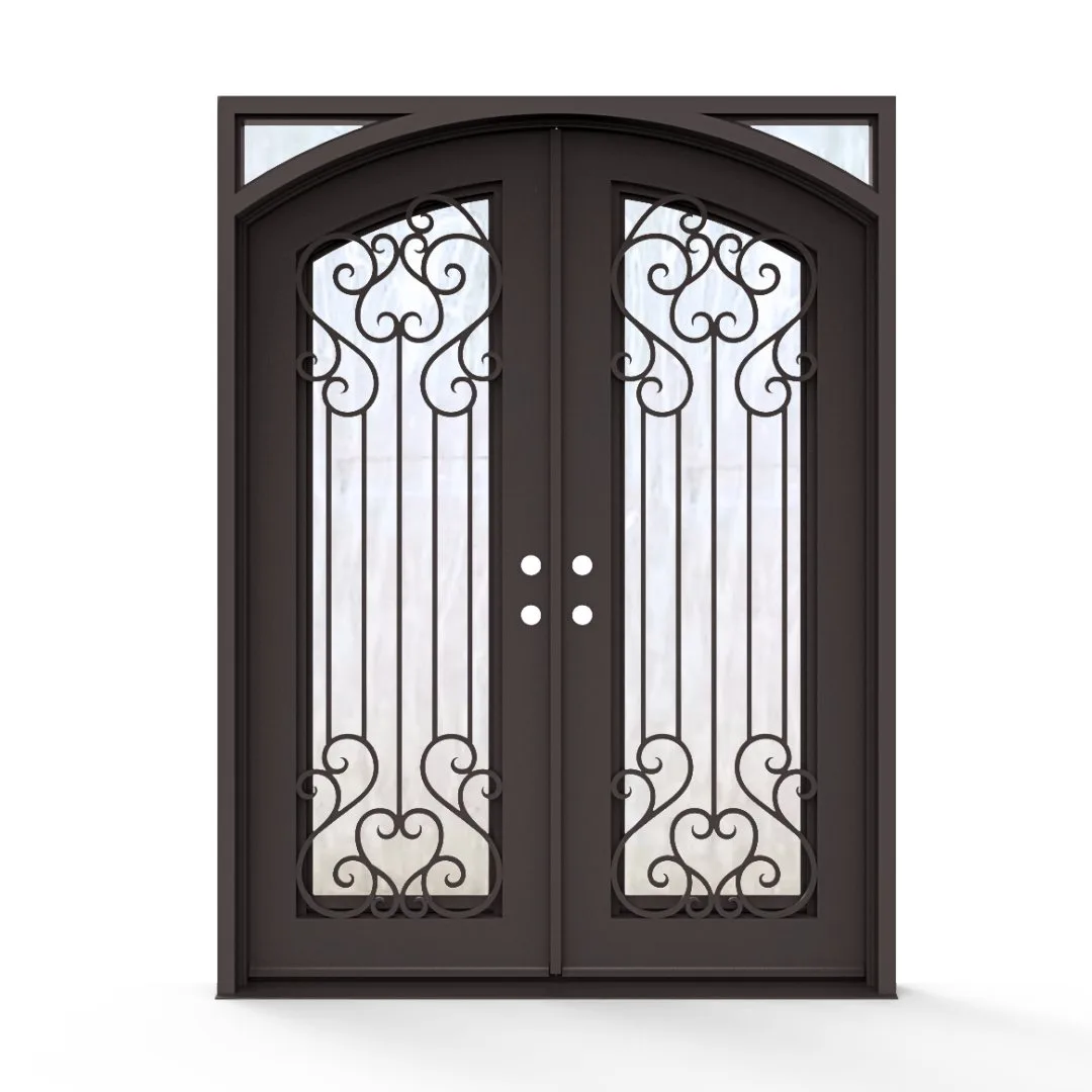 Forge Collection wrought iron arch-top double door with transom