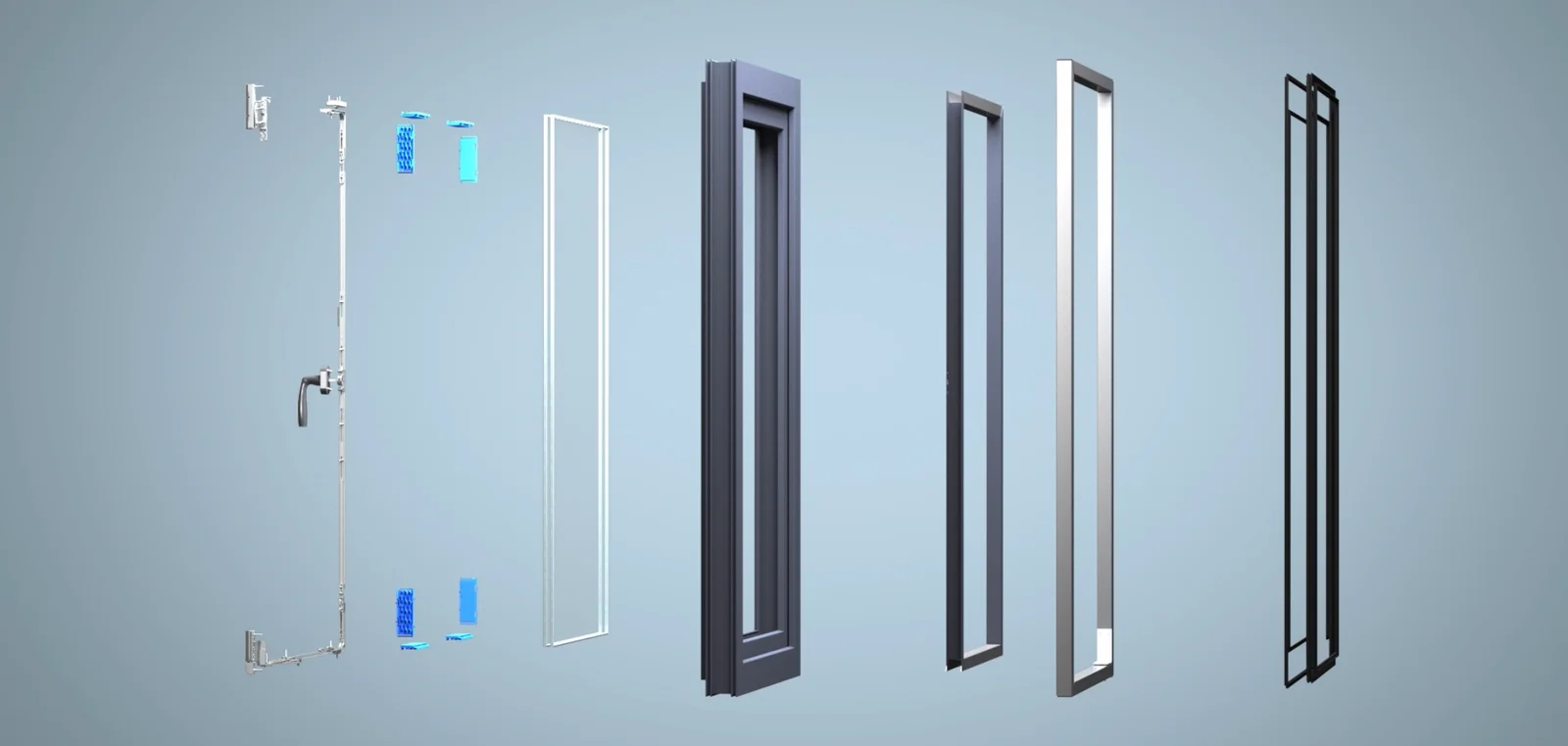 Exploded view of a Lucera uPVC casement window: hinge, gasket, spacer, frame and sash, bead, steel lining, and EPDM rubber